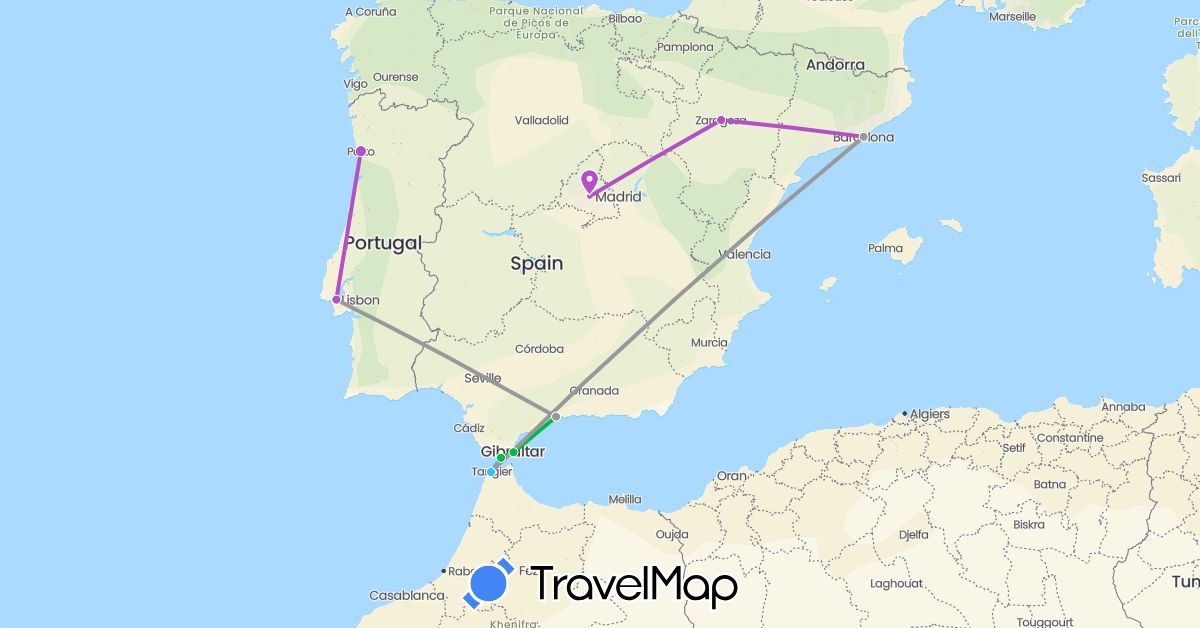 TravelMap itinerary: driving, bus, plane, train, boat in Spain, Gibraltar, Morocco, Portugal (Africa, Europe)