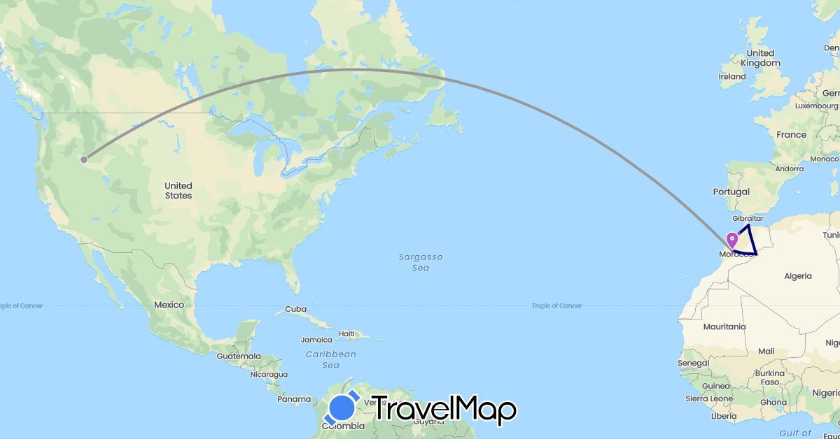 TravelMap itinerary: driving, plane, train in Morocco, United States (Africa, North America)